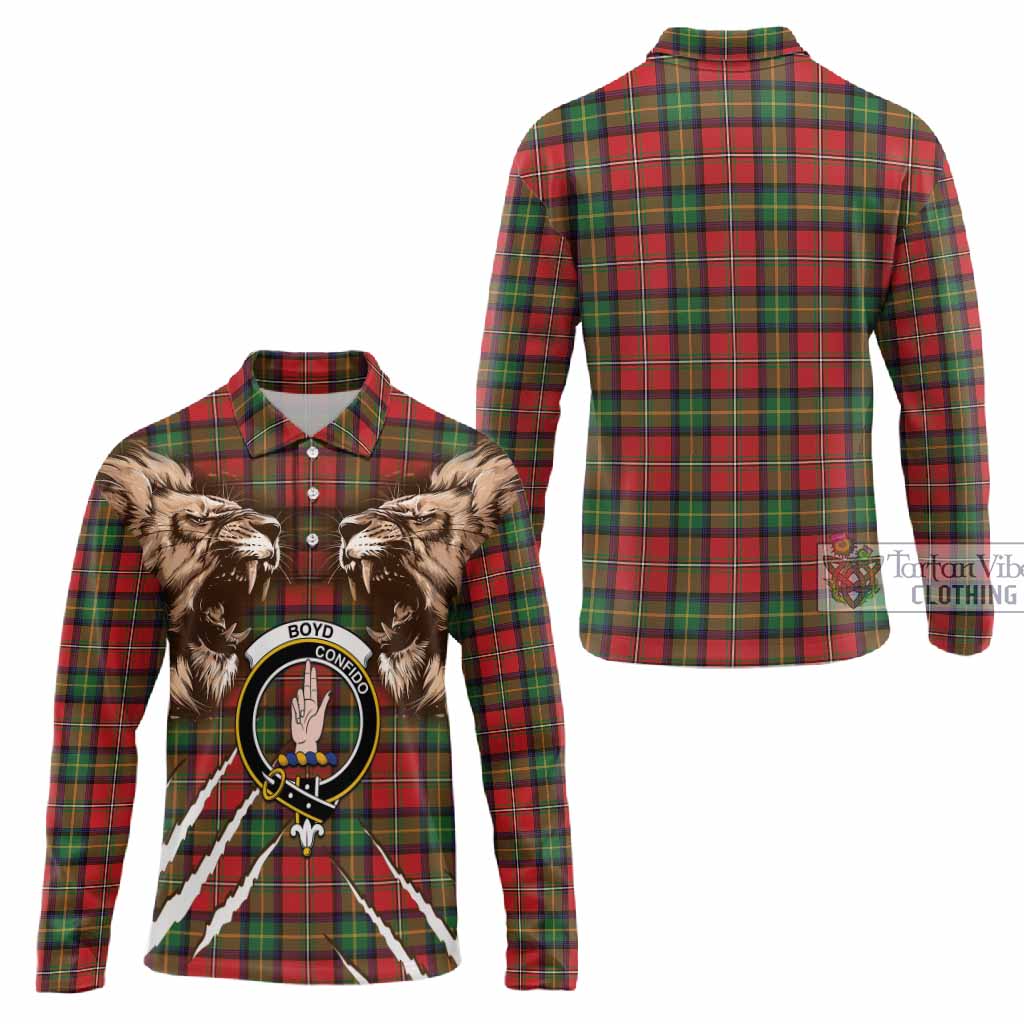 Boyd Tartan Crest Long Sleeve Polo Shirt Ferocious Lion Style