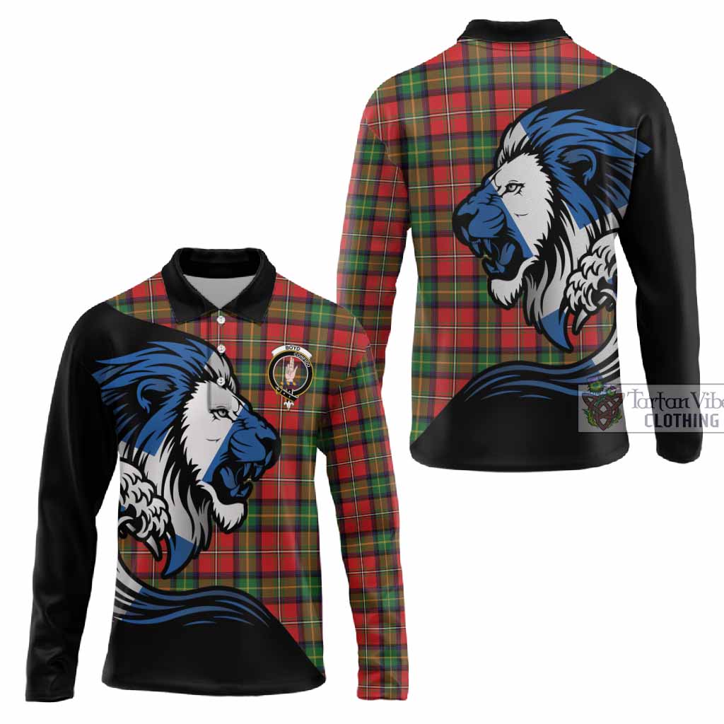 Boyd Tartan Crest Long Sleeve Polo Shirt Scottish Golden Lions Wave Flow