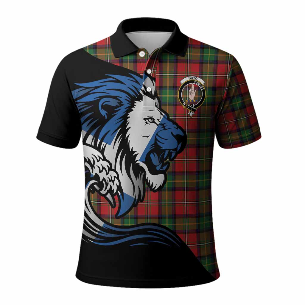 Boyd Tartan Crest Polo Shirt Scottish Golden Lions Wave Flow
