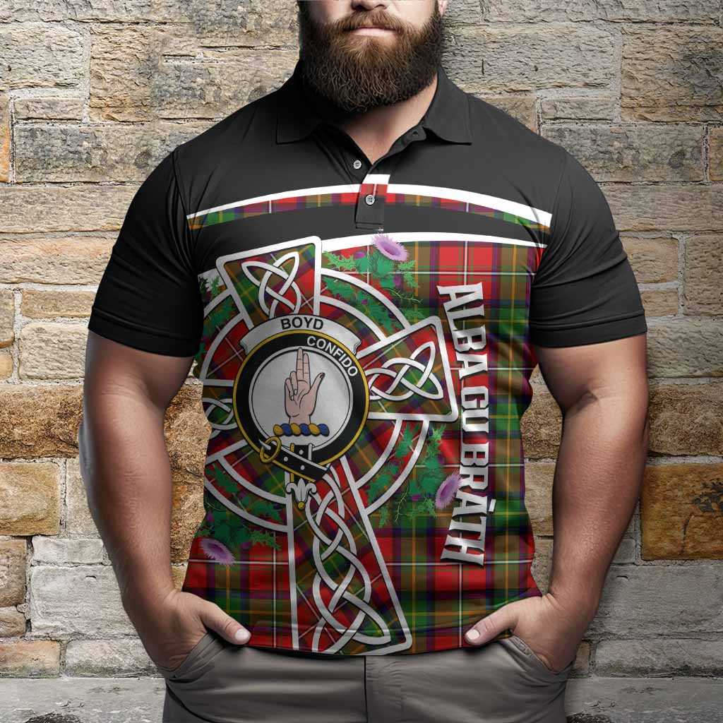 Boyd Tartan Crest Polo Shirt Scottish Thistle Celtic Cross Alba Gu Brath