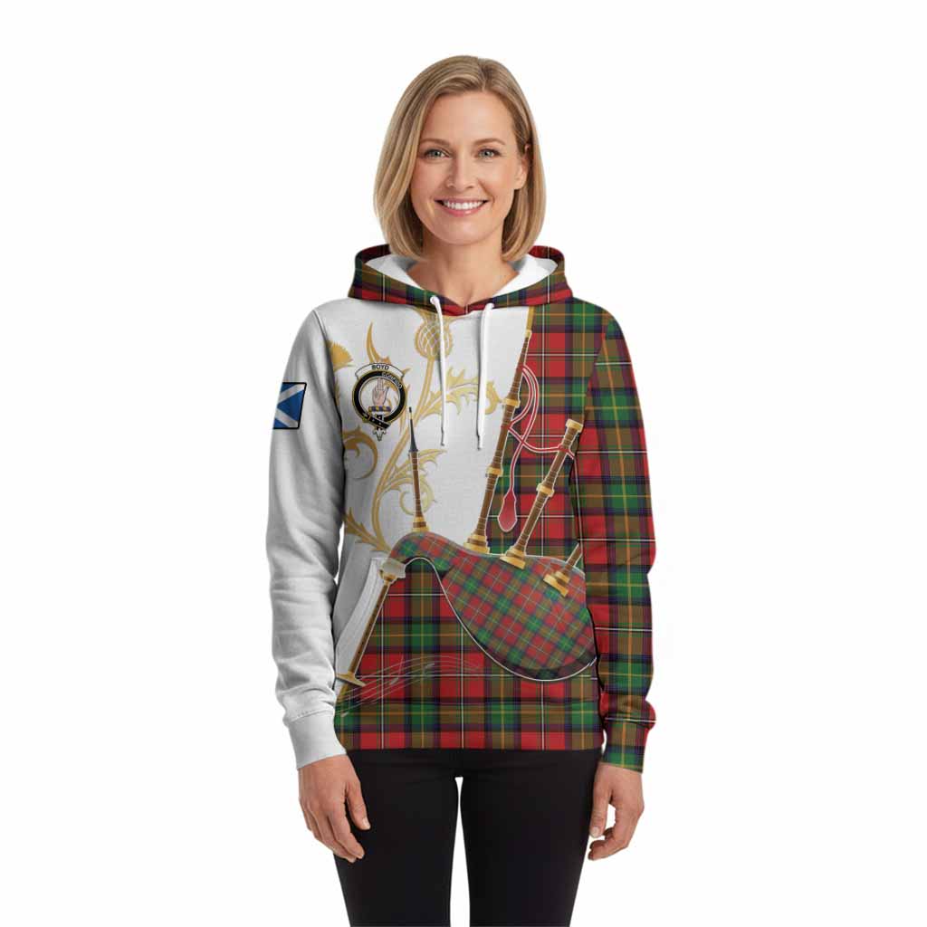Boyd Tartan Family Crest Hoodie Bagpipes with Scottish Thistle