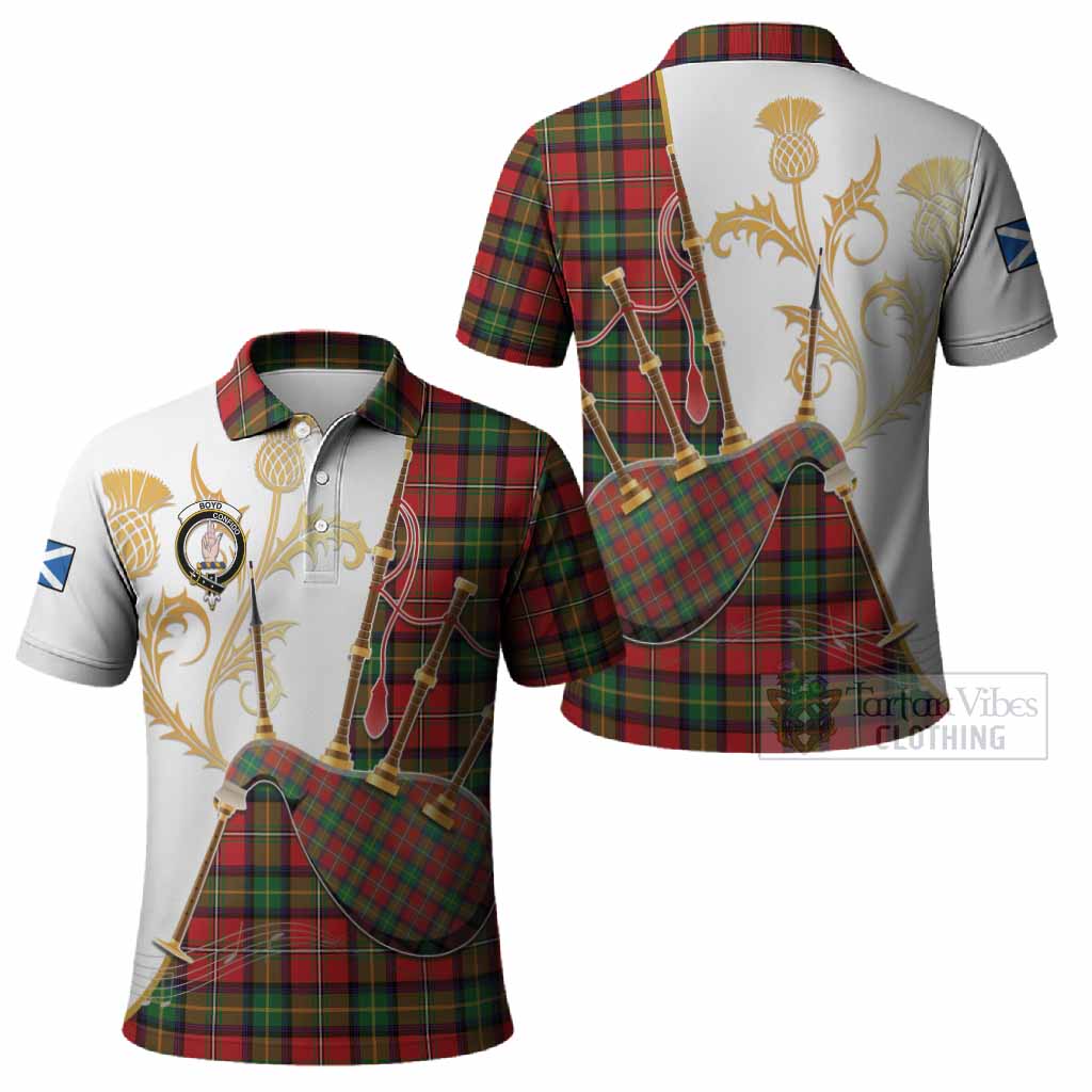 Boyd Tartan Family Crest Polo Shirt Bagpipes with Scottish Thistle
