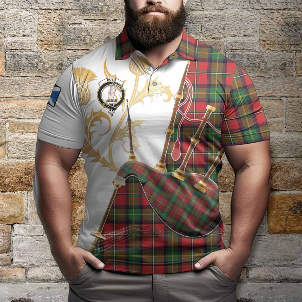 Boyd Tartan Family Crest Polo Shirt Bagpipes with Scottish Thistle