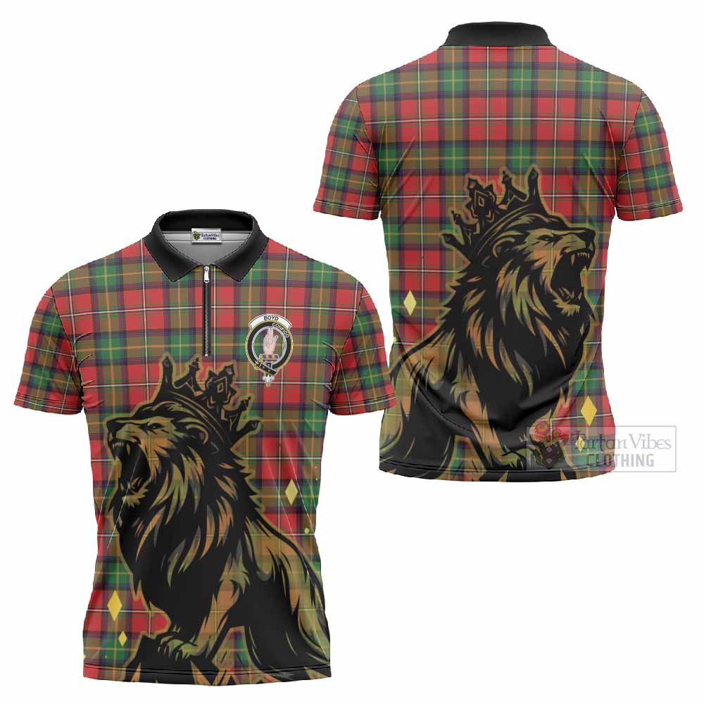 Boyd Tartan Family Crest Zipper Polo Shirt Crowned Lion Roaring