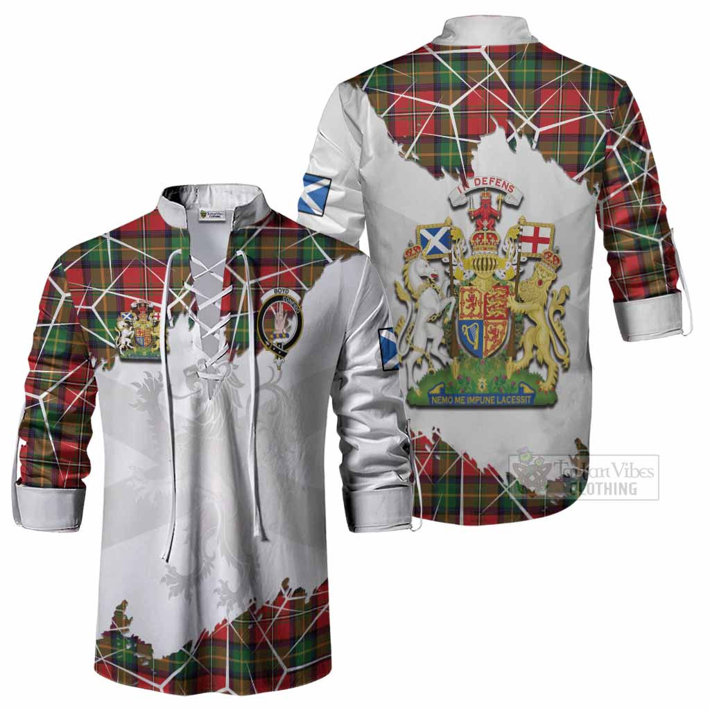 Boyd Tartan Ghillie Shirt with Family Crest and Lion Rampant Grunge Style
