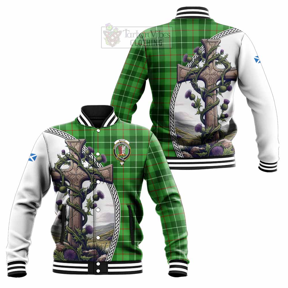 Boyle Tartan Baseball Jacket with Family Crest and St. Andrew's Cross Accented by Thistle Vines Unisex - Tartan Vibes Clothing