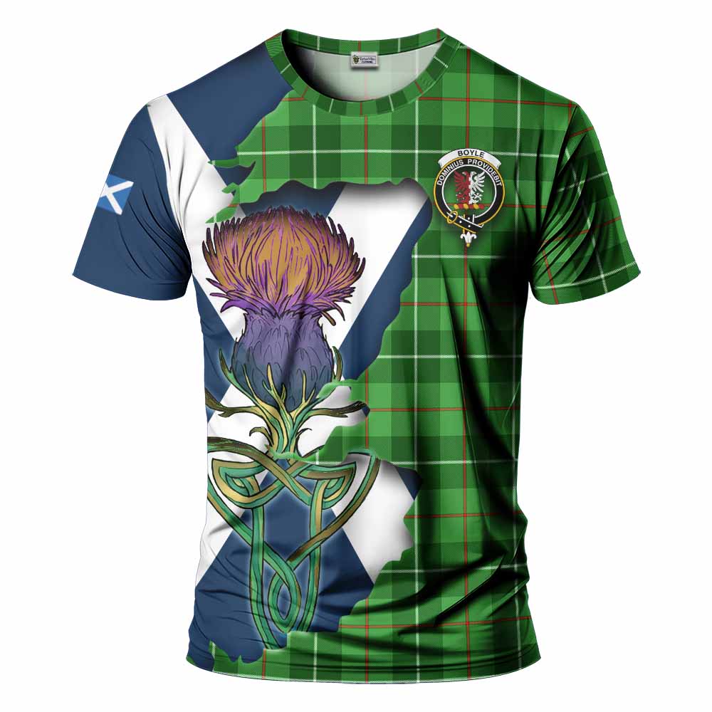 Tartan Vibes Clothing Boyle Tartan Family Crest T-Shirt Scottish Thistle Celtic Inspired
