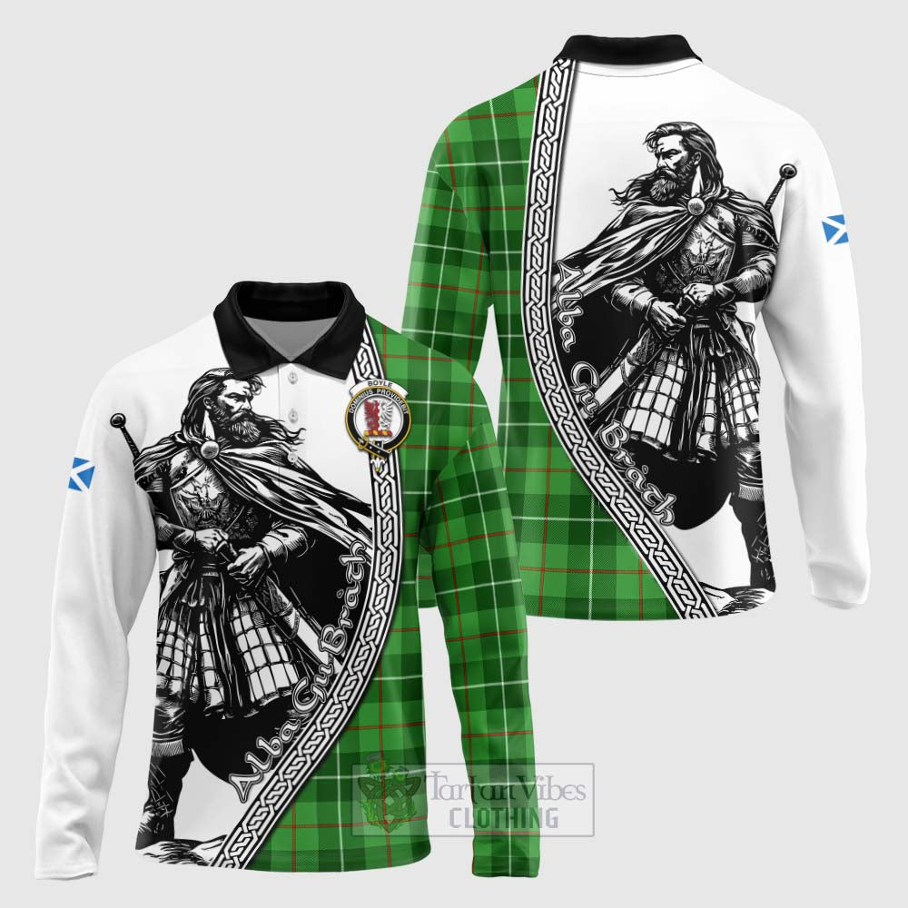 Boyle Tartan Clan Crest Long Sleeve Polo Shirt with Highlander Warrior Celtic Style Unisex - Tartan Vibes Clothing