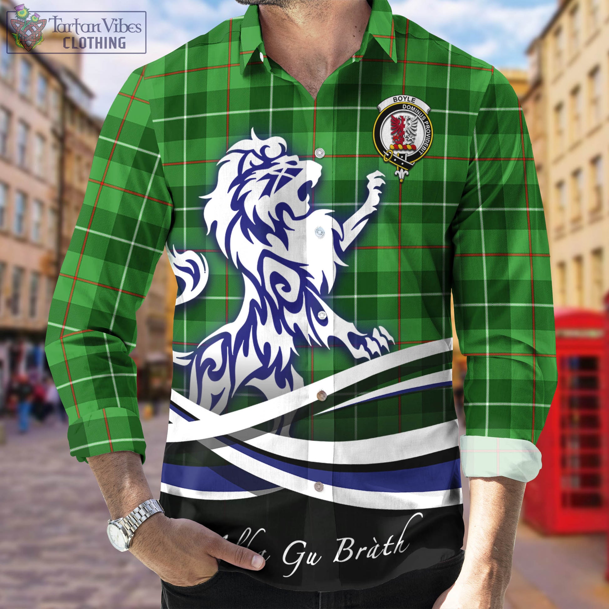 Boyle Tartan Long Sleeve Button Up Shirt with Alba Gu Brath Regal Lion Emblem Men's Shirt - Tartan Vibes Clothing