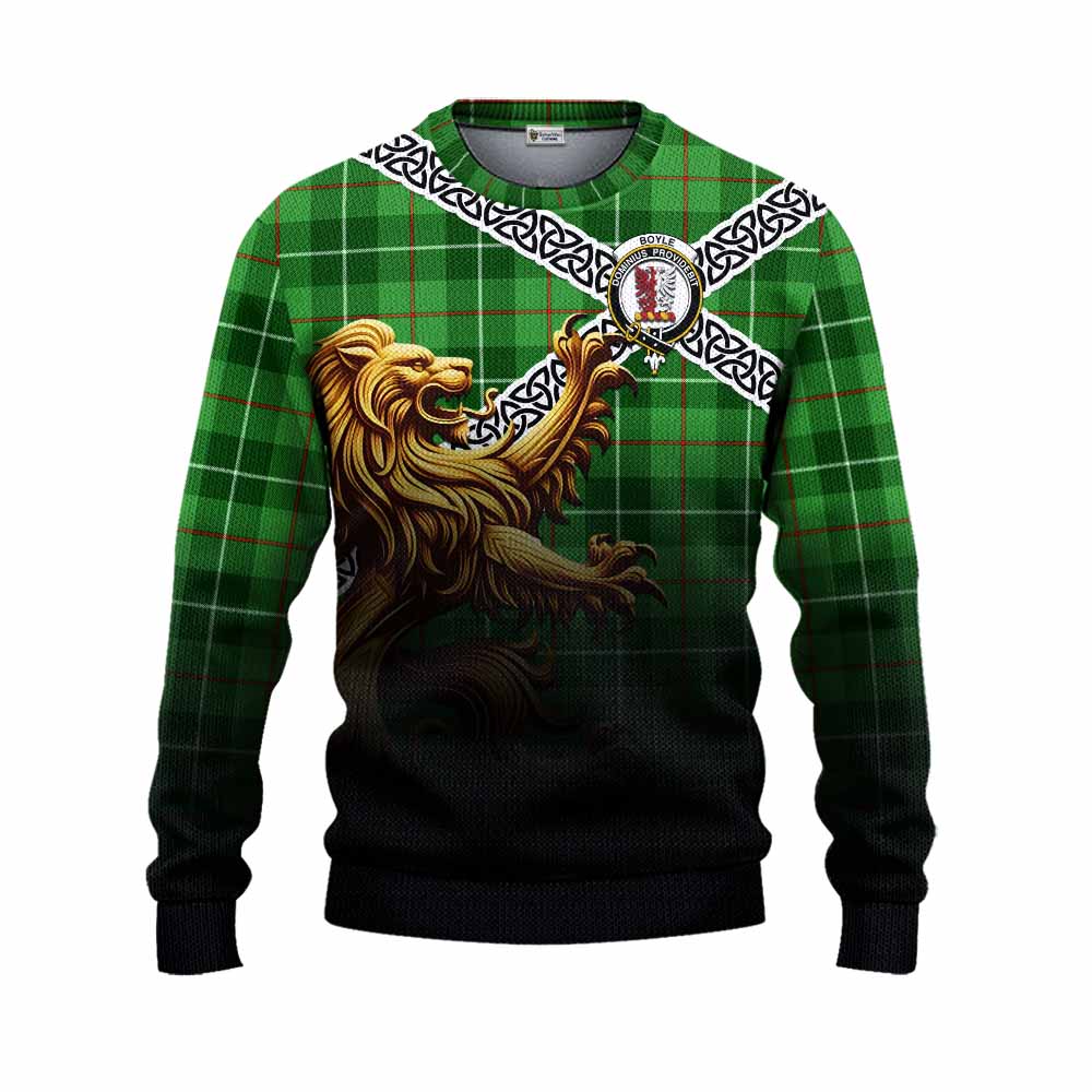 Boyle Crest Tartan Knitted Sweater with Golden Lion Emblem Celtic Style Unisex - Tartan Vibes Clothing