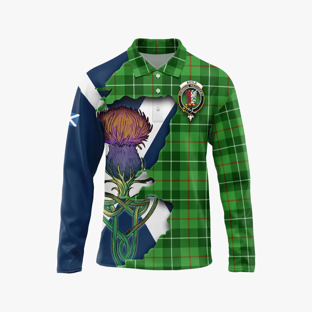 Tartan Vibes Clothing Boyle Tartan Family Crest Long Sleeve Polo Shirt Scottish Thistle Celtic Inspired
