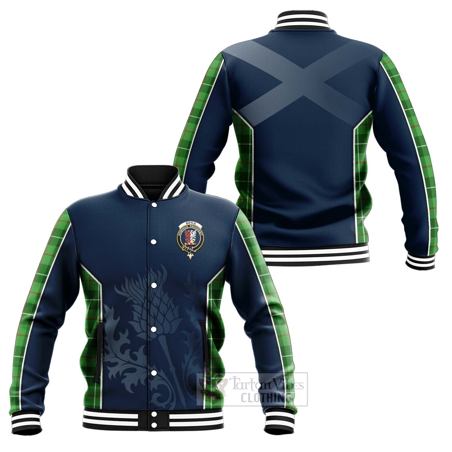 Boyle Tartan Baseball Jacket with Family Crest and Scottish Thistle Vibes Sport Style Unisex - Tartan Vibes Clothing