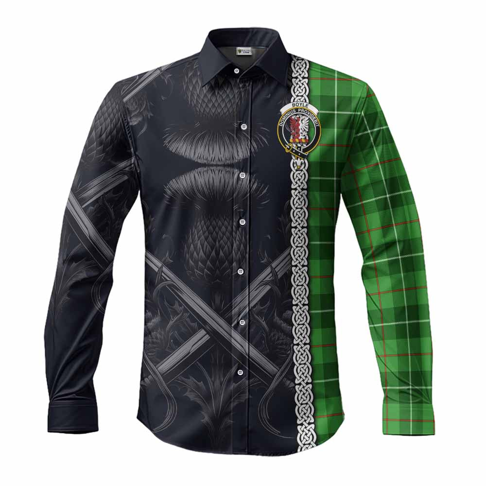 Tartan Vibes Clothing Boyle Tartan Long Sleeve Button Shirt with Family Crest Cross Sword Thistle Celtic Vibes