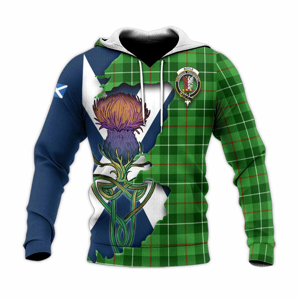 Tartan Vibes Clothing Boyle Tartan Family Crest Knitted Hoodie Scottish Thistle Celtic Inspired