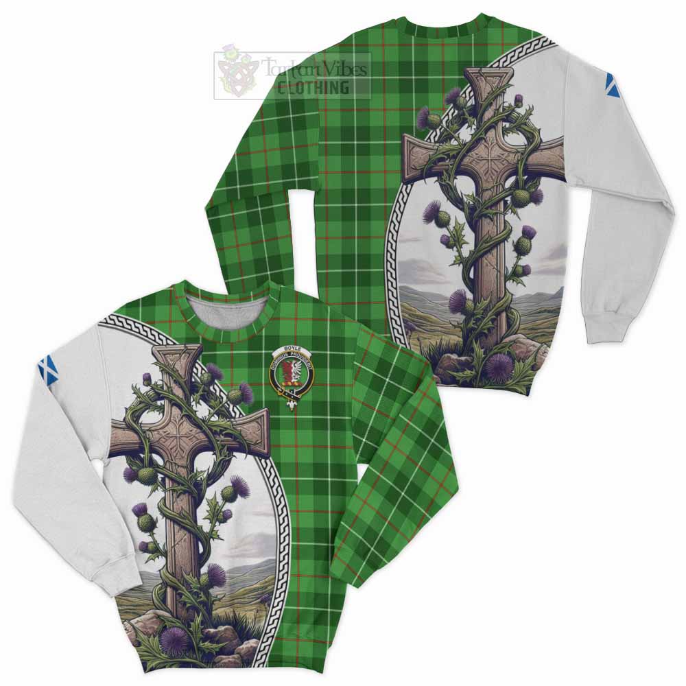 Tartan Vibes Clothing Boyle Tartan Sweatshirt with Family Crest and St. Andrew's Cross Accented by Thistle Vines