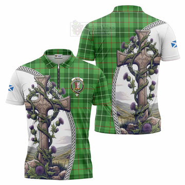 Boyle Tartan Zipper Polo Shirt with Family Crest and St. Andrew's Cross Accented by Thistle Vines Unisex - Tartan Vibes Clothing