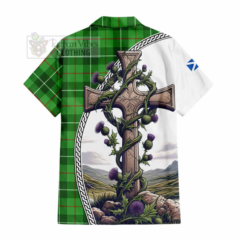 Boyle Tartan Hawaiian Shirt with Family Crest and St. Andrew's Cross Accented by Thistle Vines - Tartan Vibes Clothing