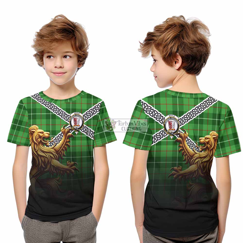Tartan Vibes Clothing Boyle Crest Tartan Kid T-Shirt with Golden Lion Emblem Celtic Style
