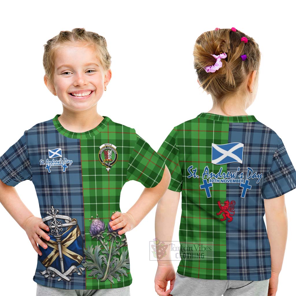 Boyle Tartan Kid T-Shirt Happy St. Andrew's Day Half Tartan Style - Tartan Vibes Clothing