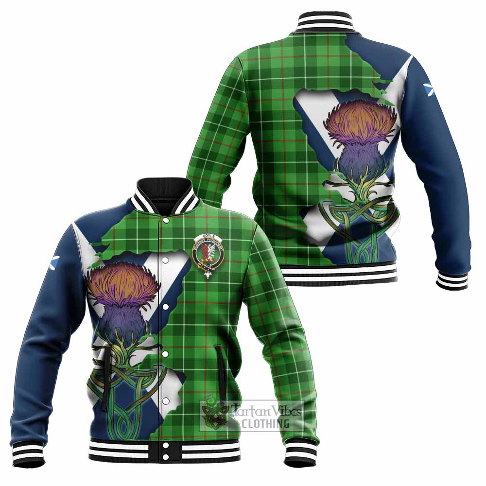 Tartan Vibes Clothing Boyle Tartan Family Crest Baseball Jacket Scottish Thistle Celtic Inspired