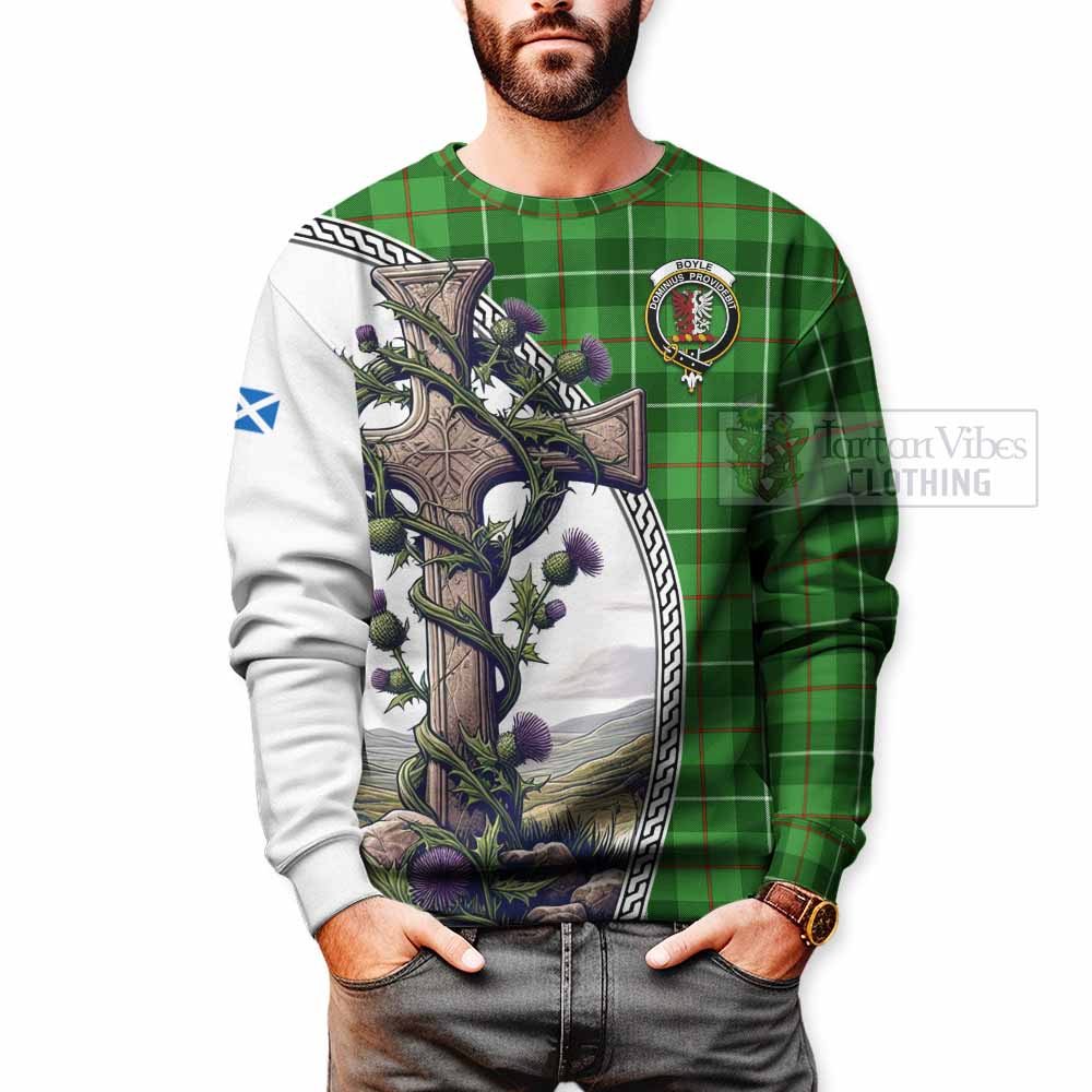 Tartan Vibes Clothing Boyle Tartan Sweatshirt with Family Crest and St. Andrew's Cross Accented by Thistle Vines