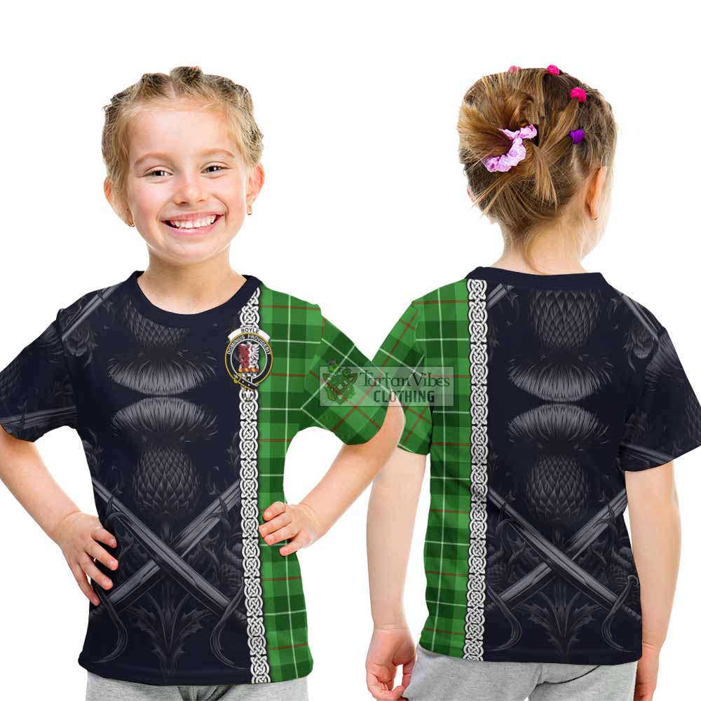 Boyle Tartan Kid T-Shirt with Family Crest Cross Sword Thistle Celtic Vibes - Tartan Vibes Clothing