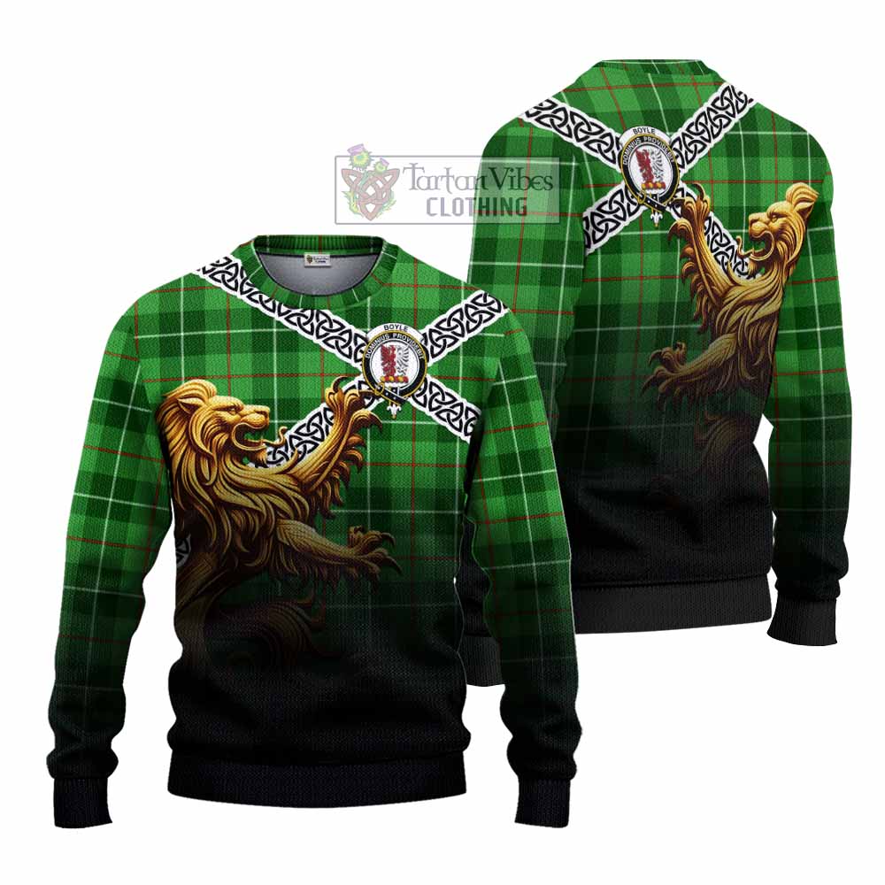 Boyle Crest Tartan Knitted Sweater with Golden Lion Emblem Celtic Style - Tartan Vibes Clothing