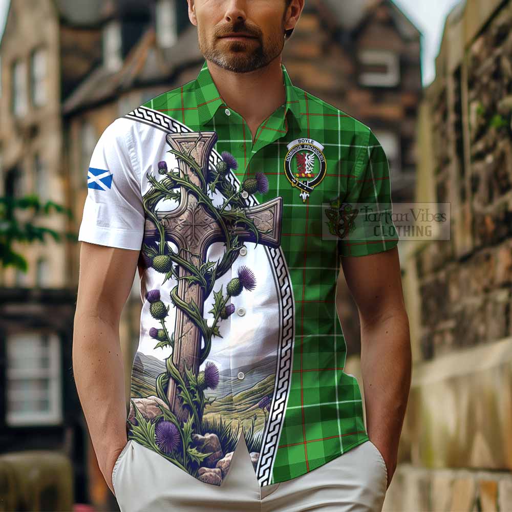 Boyle Tartan Hawaiian Shirt with Family Crest and St. Andrew's Cross Accented by Thistle Vines - Tartan Vibes Clothing