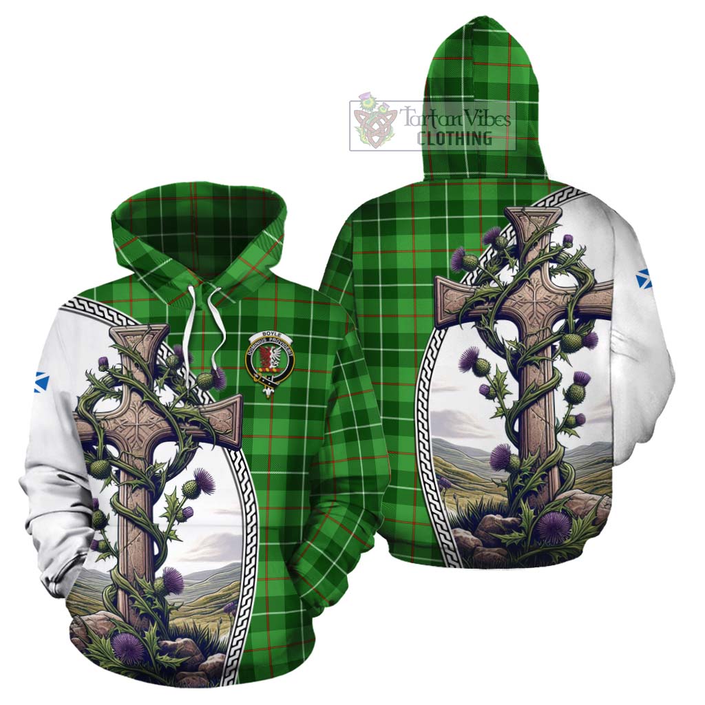 Tartan Vibes Clothing Boyle Tartan Cotton Hoodie with Family Crest and St. Andrew's Cross Accented by Thistle Vines