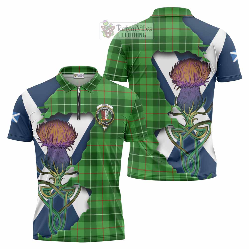 Tartan Vibes Clothing Boyle Tartan Family Crest Zipper Polo Shirt Scottish Thistle Celtic Inspired
