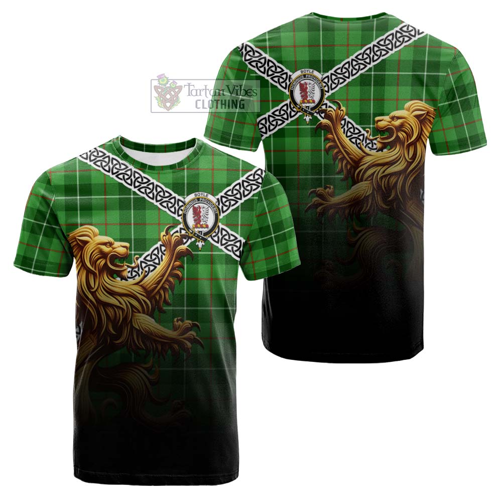 Boyle Crest Tartan Cotton T-shirt with Golden Lion Emblem Celtic Style - Tartan Vibes Clothing