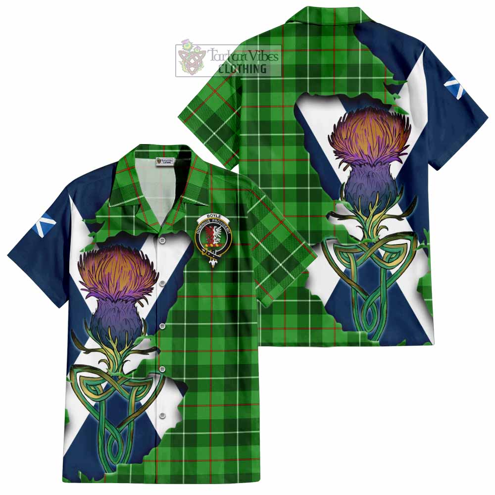 Tartan Vibes Clothing Boyle Tartan Family Crest Short Sleeve Button Shirt Scottish Thistle Celtic Inspired