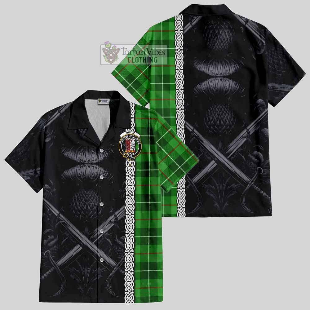 Boyle Tartan Hawaiian Shirt with Family Crest Cross Sword Thistle Celtic Vibes - Tartan Vibes Clothing