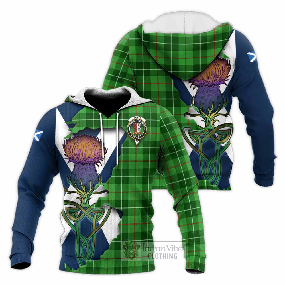Tartan Vibes Clothing Boyle Tartan Family Crest Knitted Hoodie Scottish Thistle Celtic Inspired