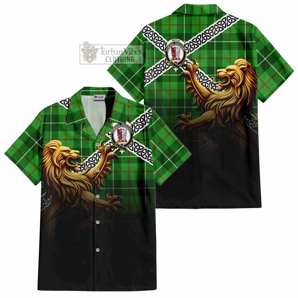 Boyle Crest Tartan Hawaiian Shirt with Golden Lion Emblem Celtic Style - Tartan Vibes Clothing