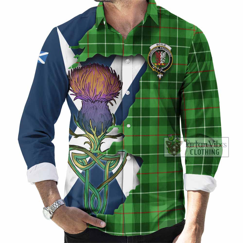 Tartan Vibes Clothing Boyle Tartan Family Crest Long Sleeve Button Shirt Scottish Thistle Celtic Inspired