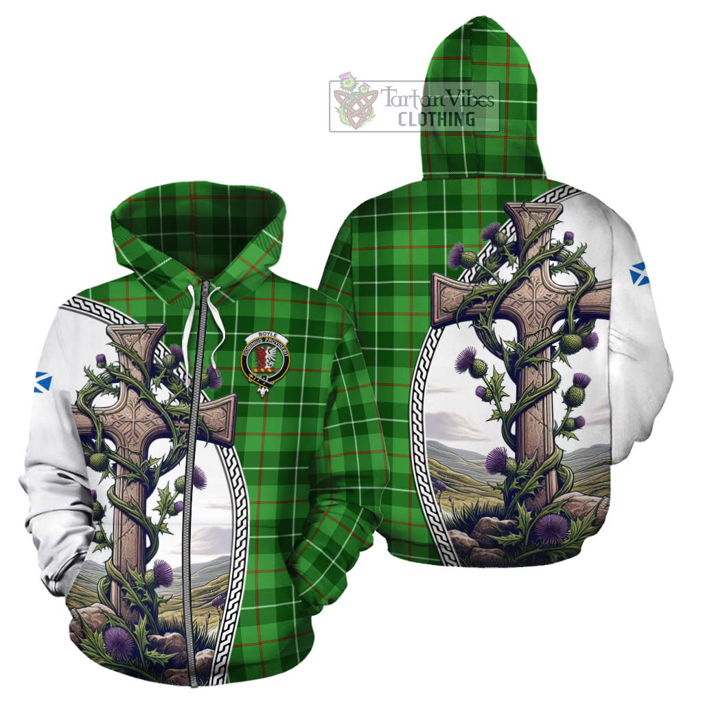 Tartan Vibes Clothing Boyle Tartan Cotton Hoodie with Family Crest and St. Andrew's Cross Accented by Thistle Vines