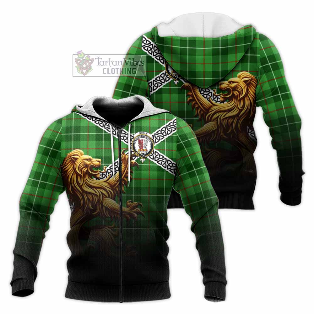Boyle Crest Tartan Knitted Hoodie with Golden Lion Emblem Celtic Style Unisex Knitted Zip Hoodie - Tartan Vibes Clothing
