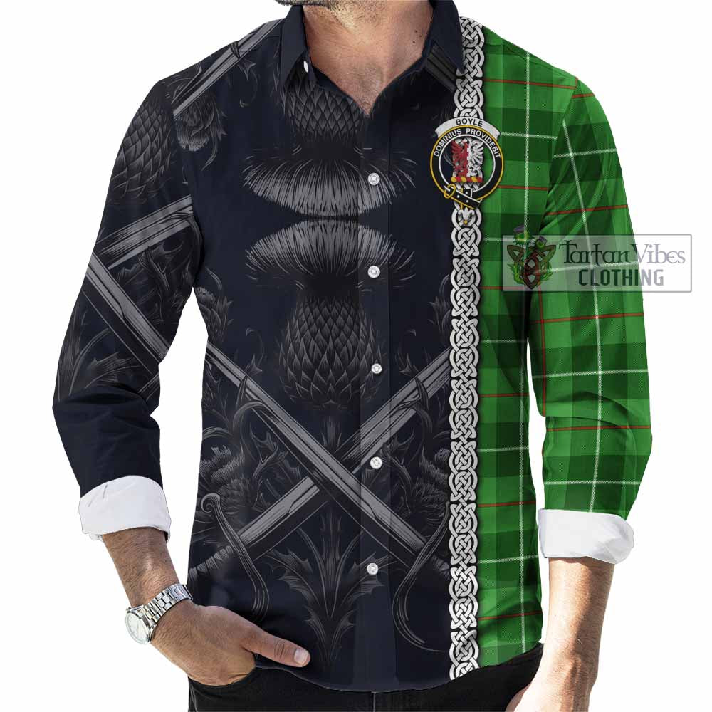 Tartan Vibes Clothing Boyle Tartan Long Sleeve Button Shirt with Family Crest Cross Sword Thistle Celtic Vibes