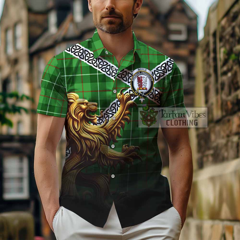Boyle Crest Tartan Hawaiian Shirt with Golden Lion Emblem Celtic Style - Tartan Vibes Clothing
