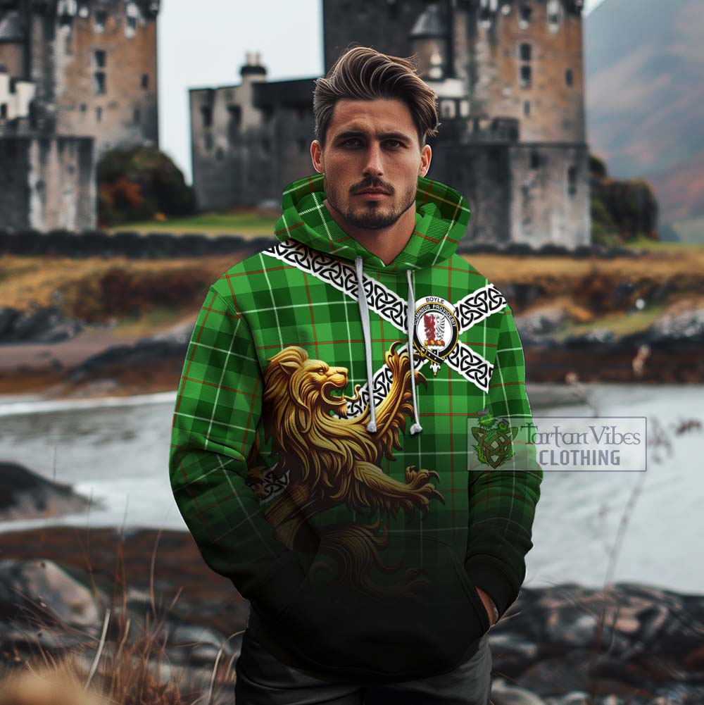 Boyle Crest Tartan Cotton Hoodie with Golden Lion Emblem Celtic Style - Tartan Vibes Clothing