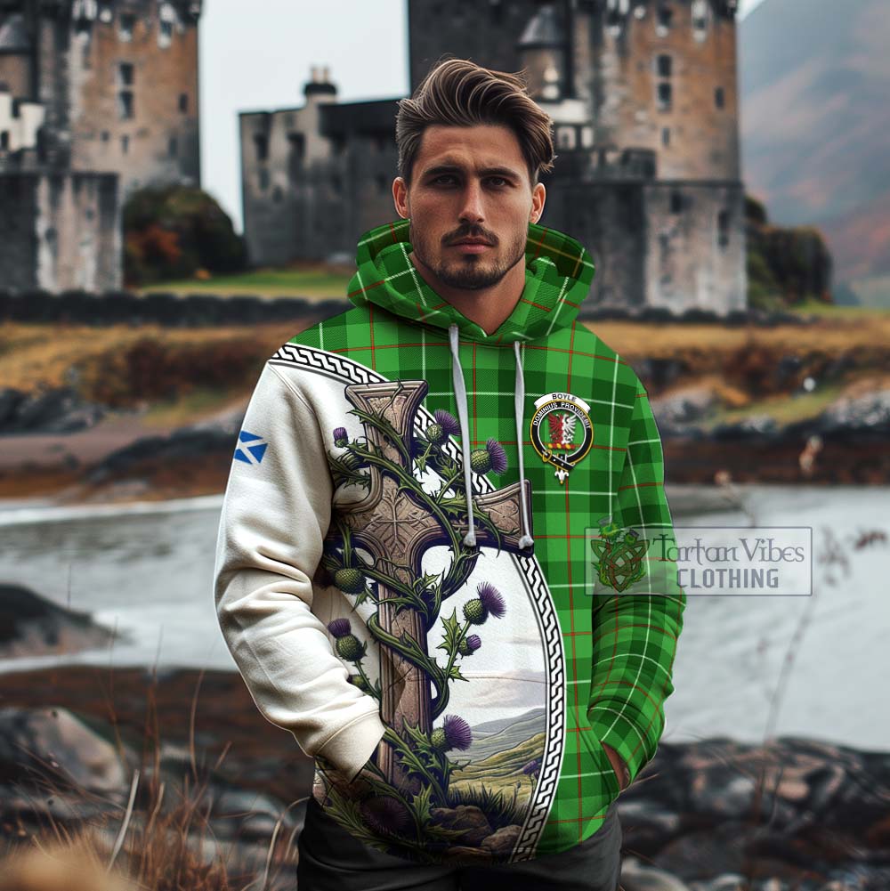 Tartan Vibes Clothing Boyle Tartan Cotton Hoodie with Family Crest and St. Andrew's Cross Accented by Thistle Vines
