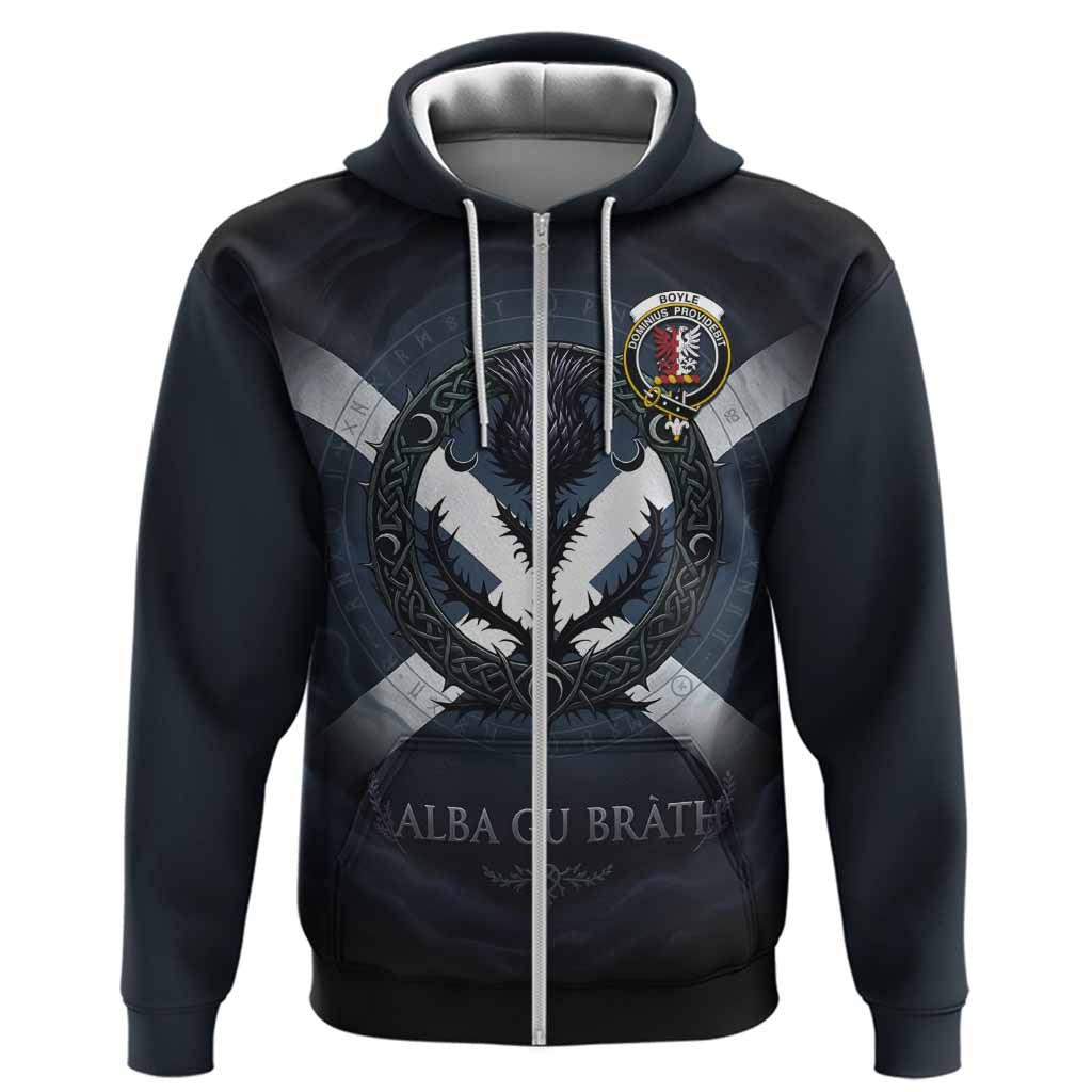 Boyle Clan Crest Hoodie with Celtic Knot Thistle and Saltire