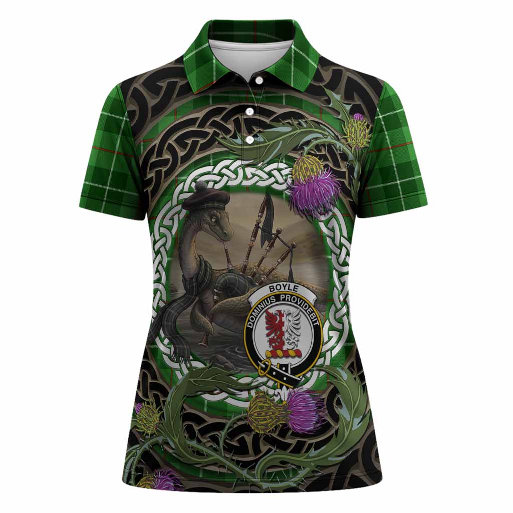 Boyle Tartan Crest Bagpipe Nessie Women Polo Shirt Scottish Loch Ness Monster Celtic Thistle