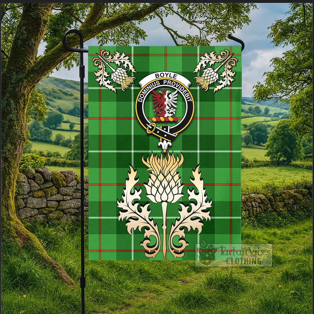 Boyle Tartan Garden Flag with Golden Regal Scottish Thistle Emblem - Tartan Vibes Clothing