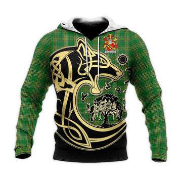 Tartan Vibes Clothing Brabazon Irish Tartan Knitted Hoodie with Coat of Arms Celtic Wolf Style