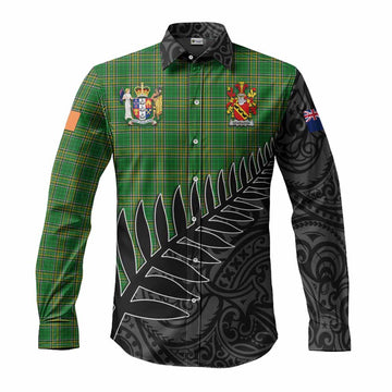 Brabazon Irish Clan Tartan Long Sleeve Button Shirt with Coat of Arms New Zealand Silver Fern Half Style Men's Shirt S - Tartan Vibes Clothing