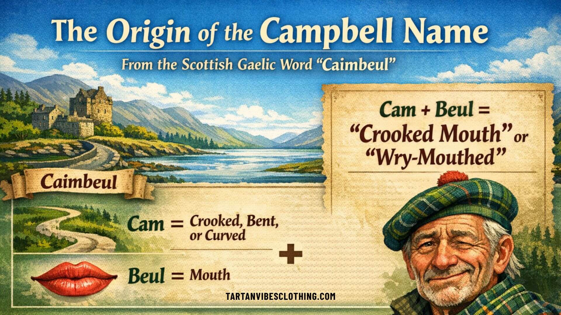 Origin of the Campbell name from Scottish Gaelic Caimbeul meaning crooked mouth