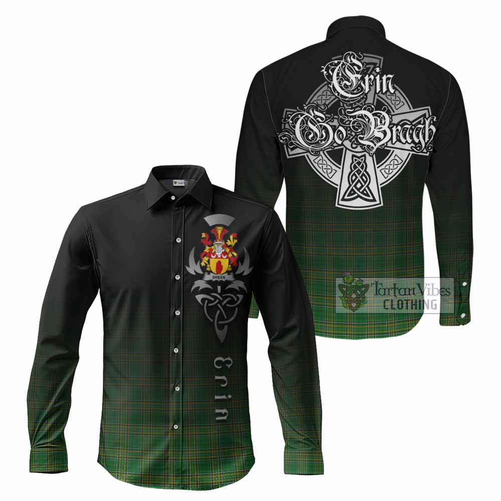 Tartan Vibes Clothing Breen Irish Clan Long Sleeve Button Shirt with Coat of Arms Erin Go Bragh Celtic Inspired
