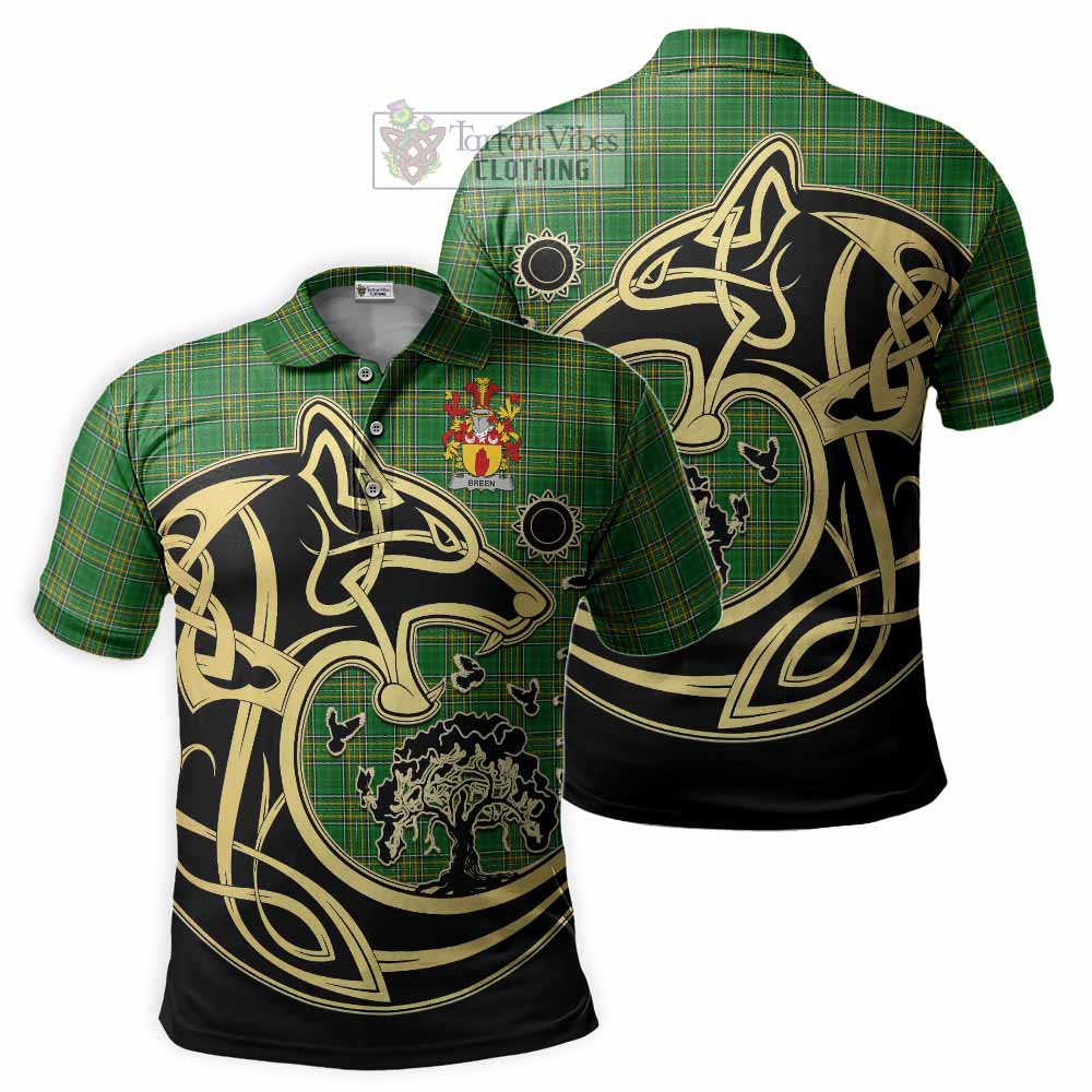 Tartan Vibes Clothing Breen Irish Tartan Polo Shirt with Coat of Arms Celtic Wolf Style